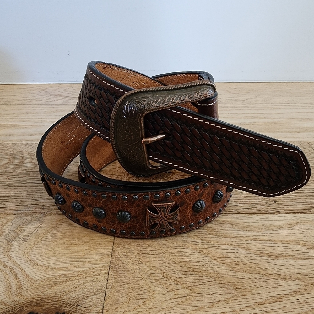 3D Western Cross Leather Belt Size 38